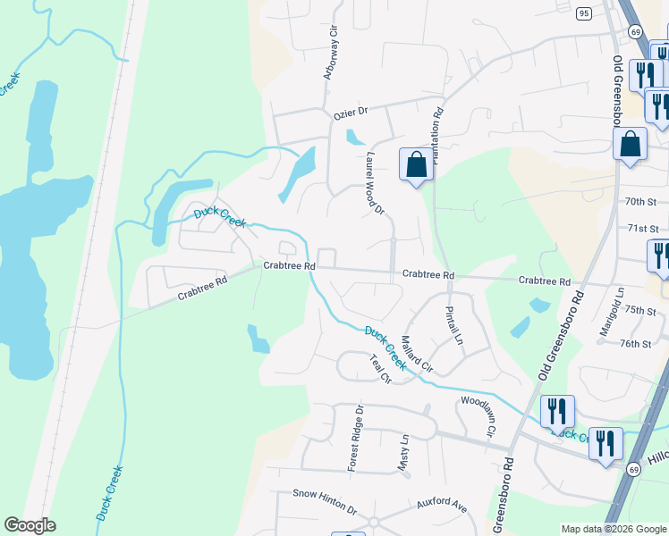 map of restaurants, bars, coffee shops, grocery stores, and more near Crabtree Road in Tuscaloosa