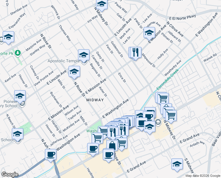 map of restaurants, bars, coffee shops, grocery stores, and more near 714 Begonia Street in Escondido