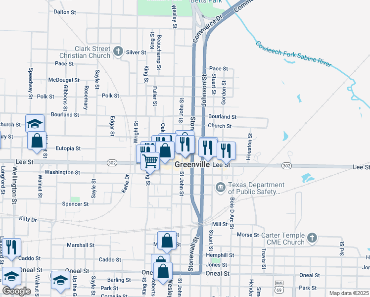 map of restaurants, bars, coffee shops, grocery stores, and more near 2219 Saint John Street in Greenville