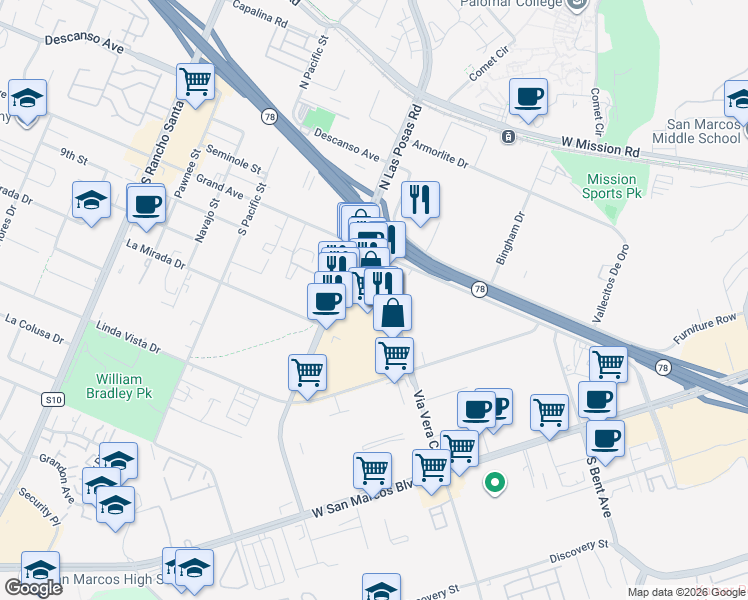 map of restaurants, bars, coffee shops, grocery stores, and more near 141 South Las Posas Road in San Marcos