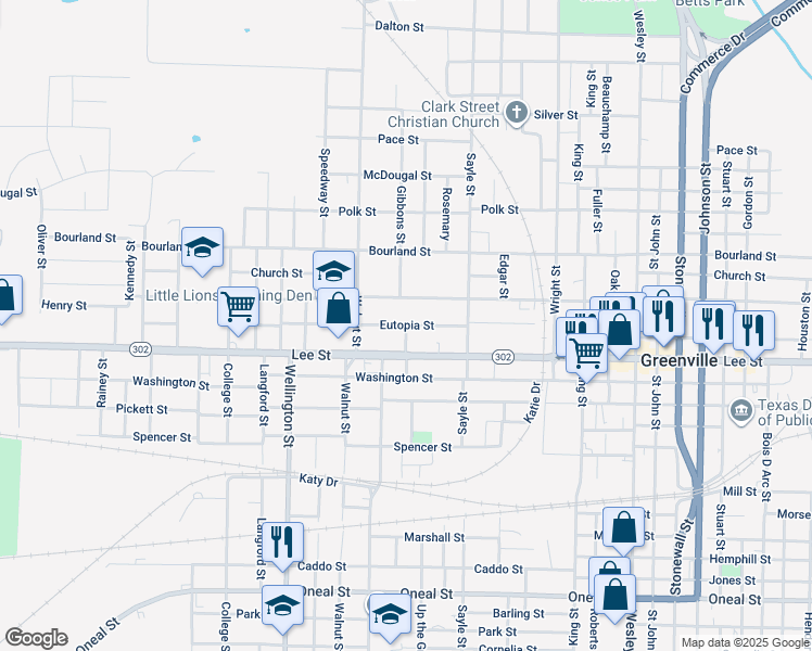 map of restaurants, bars, coffee shops, grocery stores, and more near Gibbons Street in Greenville