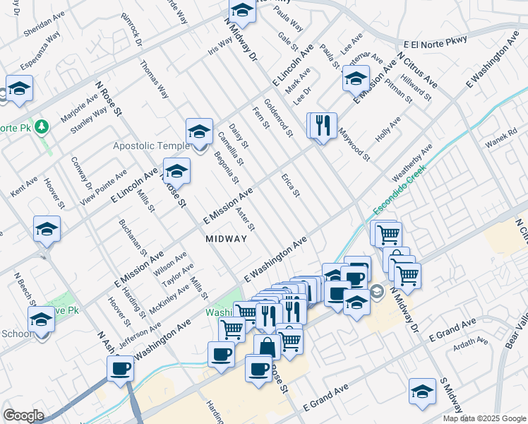 map of restaurants, bars, coffee shops, grocery stores, and more near in Escondido