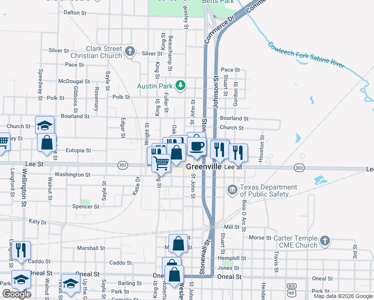 map of restaurants, bars, coffee shops, grocery stores, and more near 2219 Saint John Street in Greenville