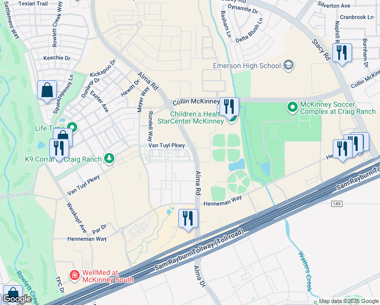 map of restaurants, bars, coffee shops, grocery stores, and more near 7149 Van Tuyl Parkway in McKinney