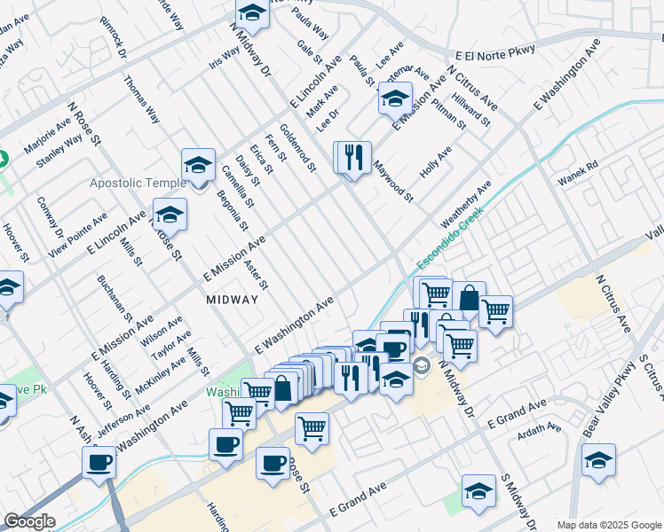 map of restaurants, bars, coffee shops, grocery stores, and more near 629 Erica Street in Escondido
