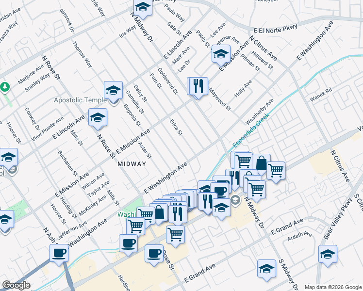 map of restaurants, bars, coffee shops, grocery stores, and more near 634 Daisy Street in Escondido