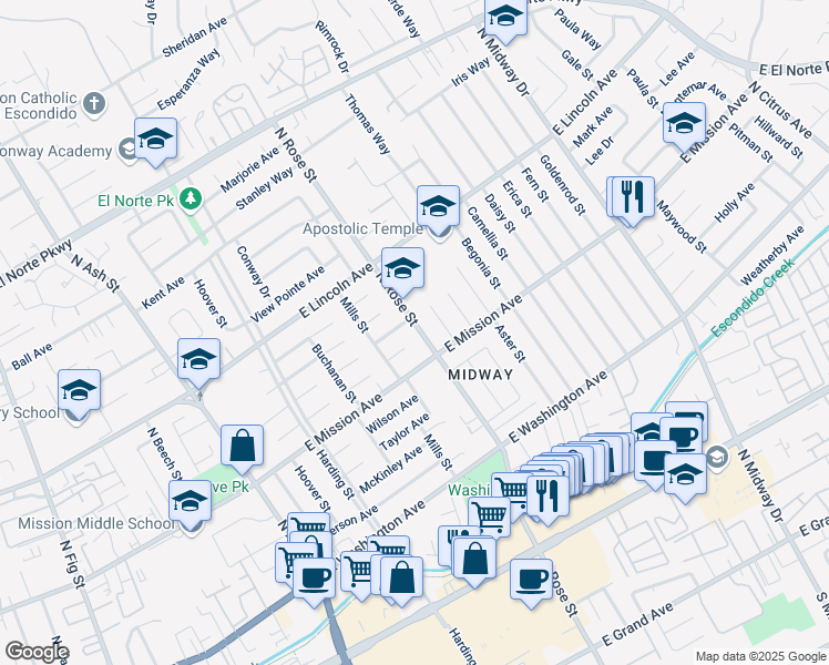 map of restaurants, bars, coffee shops, grocery stores, and more near 849 North Rose Street in Escondido