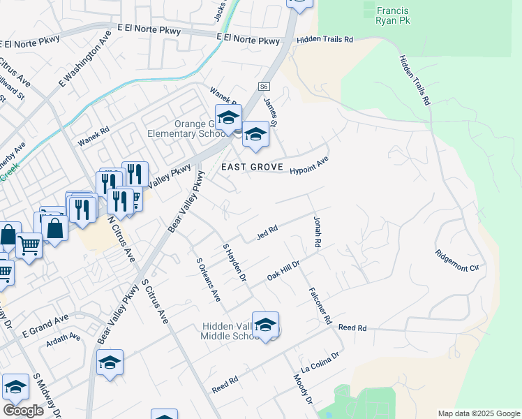 map of restaurants, bars, coffee shops, grocery stores, and more near 2774 Jody Place in Escondido