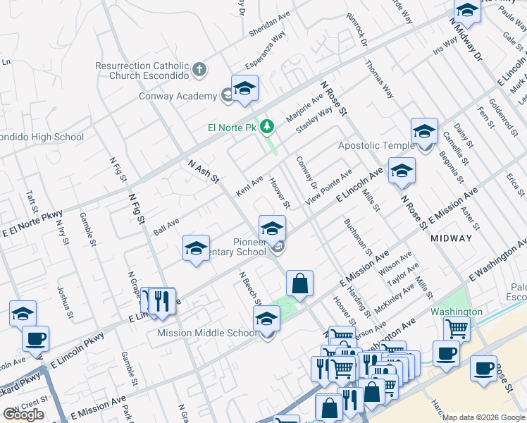 map of restaurants, bars, coffee shops, grocery stores, and more near 1254 Armstrong Circle in Escondido