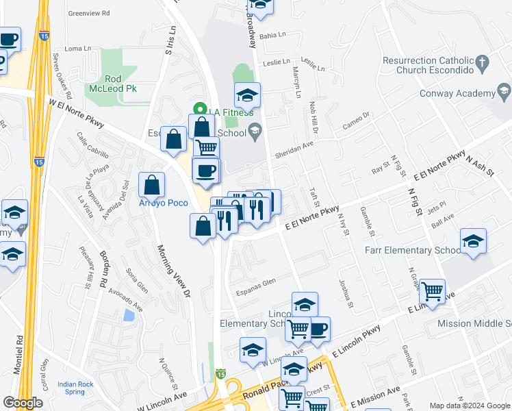map of restaurants, bars, coffee shops, grocery stores, and more near 1375 North Broadway in Escondido