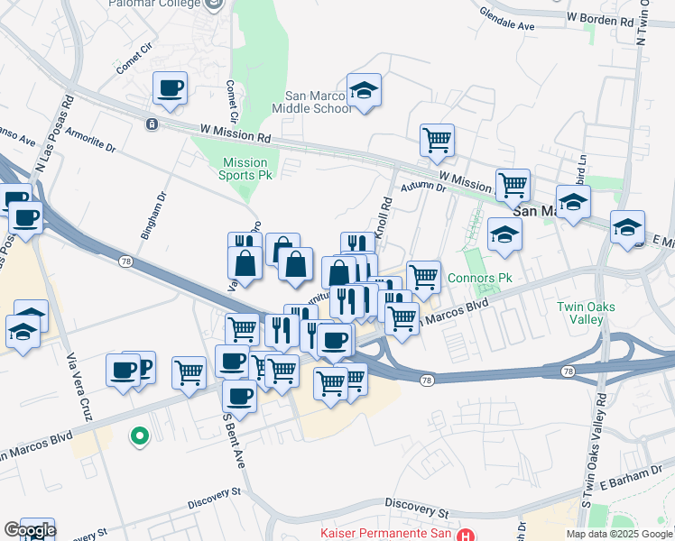 map of restaurants, bars, coffee shops, grocery stores, and more near 185 North Echo Lane in San Marcos