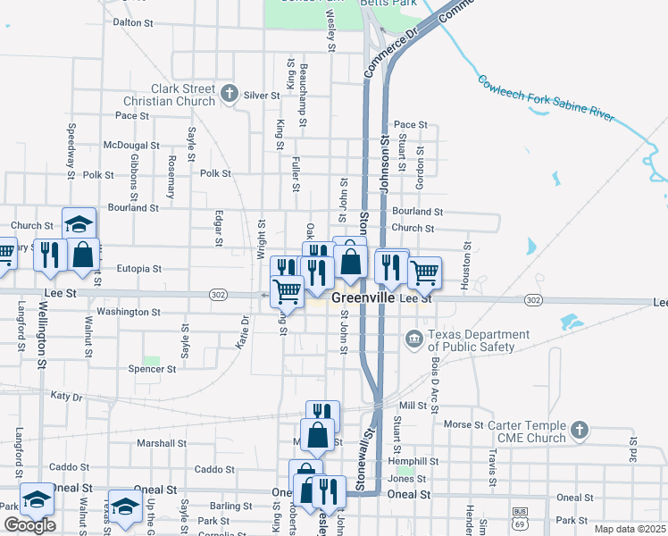 map of restaurants, bars, coffee shops, grocery stores, and more near 2219 Saint John Street in Greenville