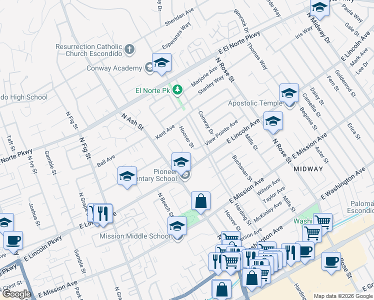 map of restaurants, bars, coffee shops, grocery stores, and more near 1219 Armstrong Circle in Escondido