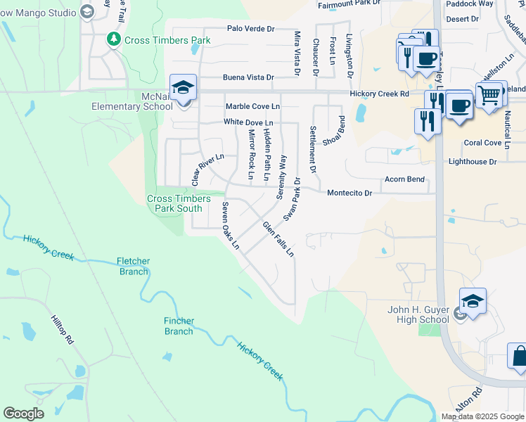 map of restaurants, bars, coffee shops, grocery stores, and more near 8508 Serenity Way in Denton