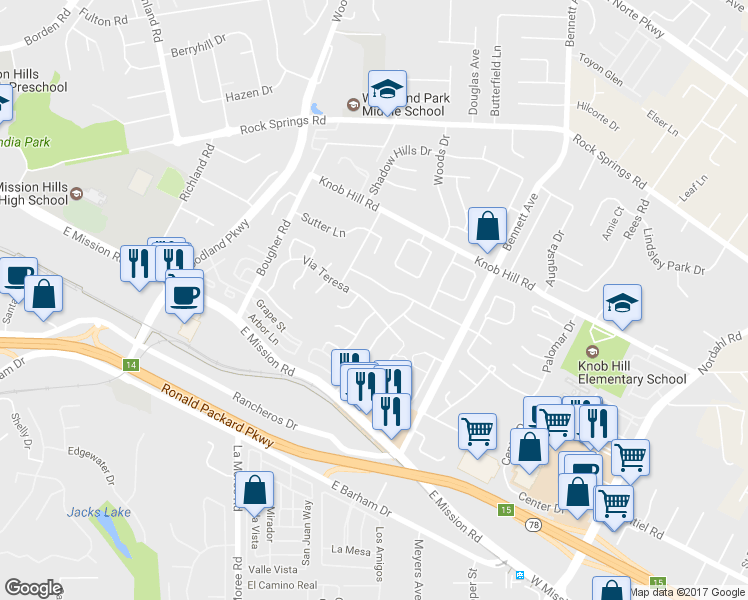 map of restaurants, bars, coffee shops, grocery stores, and more near 1226 Via Teresa in San Marcos