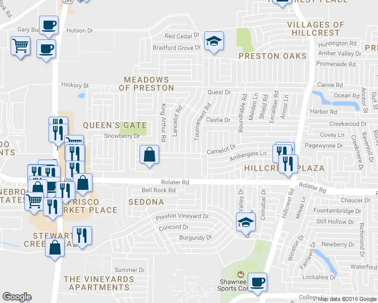 map of restaurants, bars, coffee shops, grocery stores, and more near 7500 Kings Ridge Road in Frisco