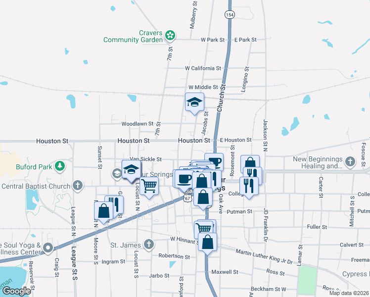 map of restaurants, bars, coffee shops, grocery stores, and more near 309 Mulberry Street in Sulphur Springs