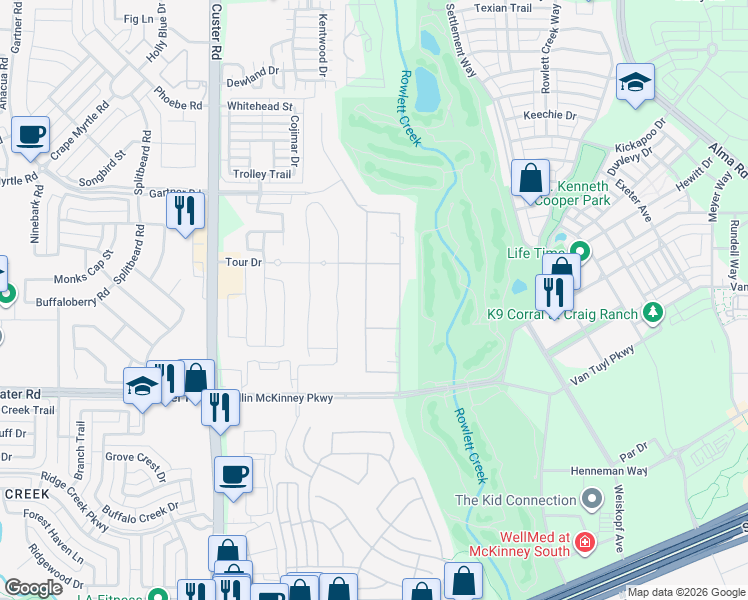 map of restaurants, bars, coffee shops, grocery stores, and more near 6001 Southwind Lane in McKinney