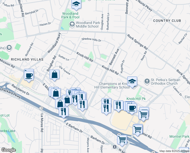 map of restaurants, bars, coffee shops, grocery stores, and more near 1267 Via Dorado in San Marcos