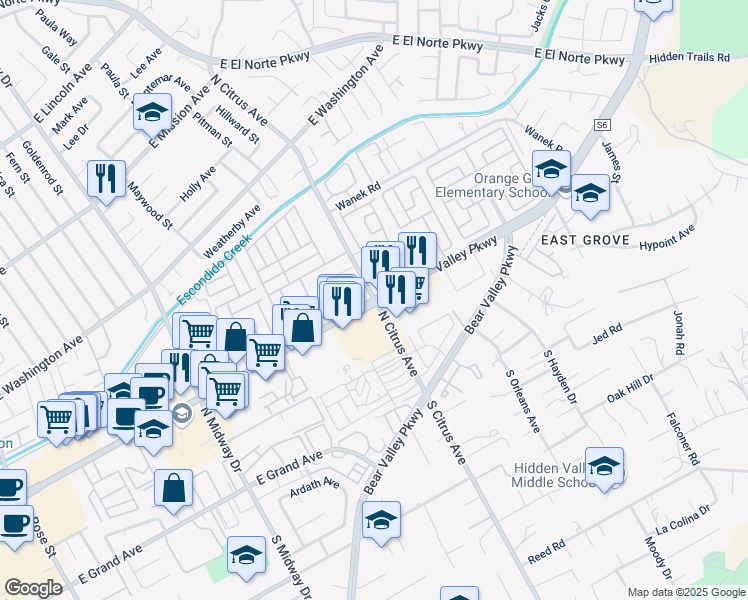 map of restaurants, bars, coffee shops, grocery stores, and more near Valley Parkway & North Citrus Avenue in Escondido