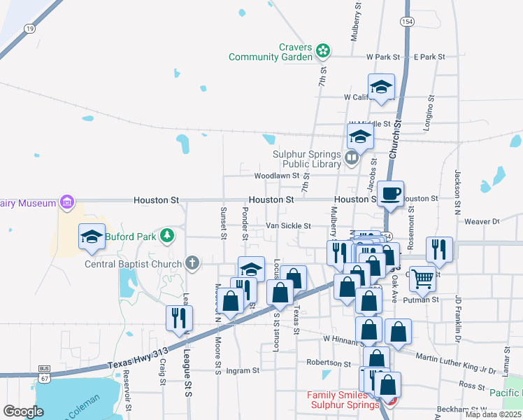 map of restaurants, bars, coffee shops, grocery stores, and more near 311 9th Street in Sulphur Springs