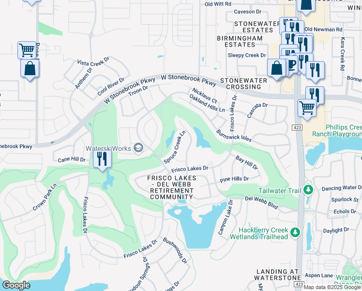 map of restaurants, bars, coffee shops, grocery stores, and more near 7506 Spruce Creek Lane in Frisco