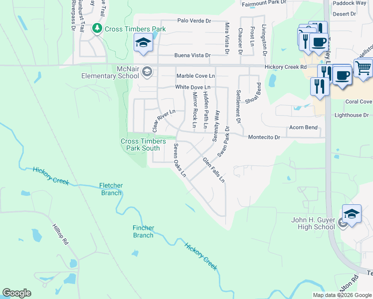 map of restaurants, bars, coffee shops, grocery stores, and more near 8508 Early Dawn Trail in Denton