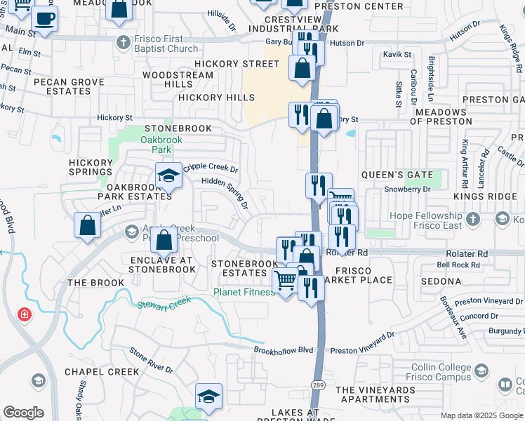 map of restaurants, bars, coffee shops, grocery stores, and more near 8640 Hidden Spring Drive in Frisco