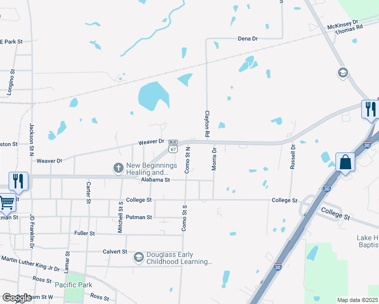 map of restaurants, bars, coffee shops, grocery stores, and more near 327 Como Street North in Sulphur Springs