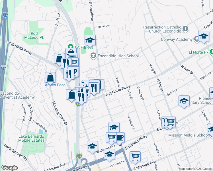 map of restaurants, bars, coffee shops, grocery stores, and more near 140 East El Norte Parkway in Escondido