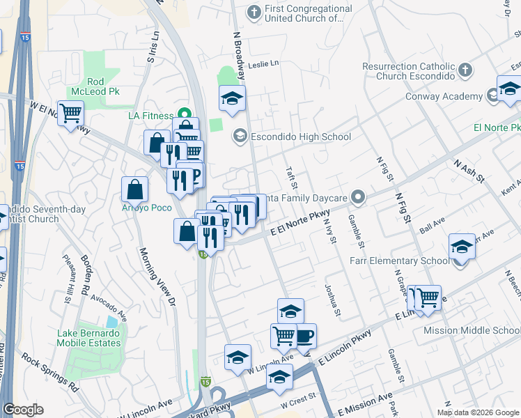 map of restaurants, bars, coffee shops, grocery stores, and more near 1387 North Broadway in Escondido