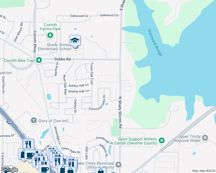 map of restaurants, bars, coffee shops, grocery stores, and more near 769 Winding Oak Bend in Lake Dallas