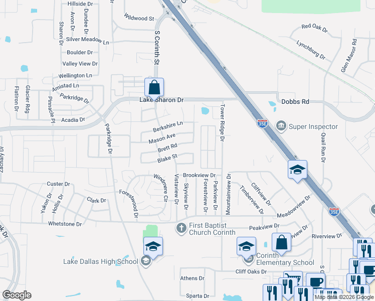 map of restaurants, bars, coffee shops, grocery stores, and more near 3117 Blake Street in Corinth
