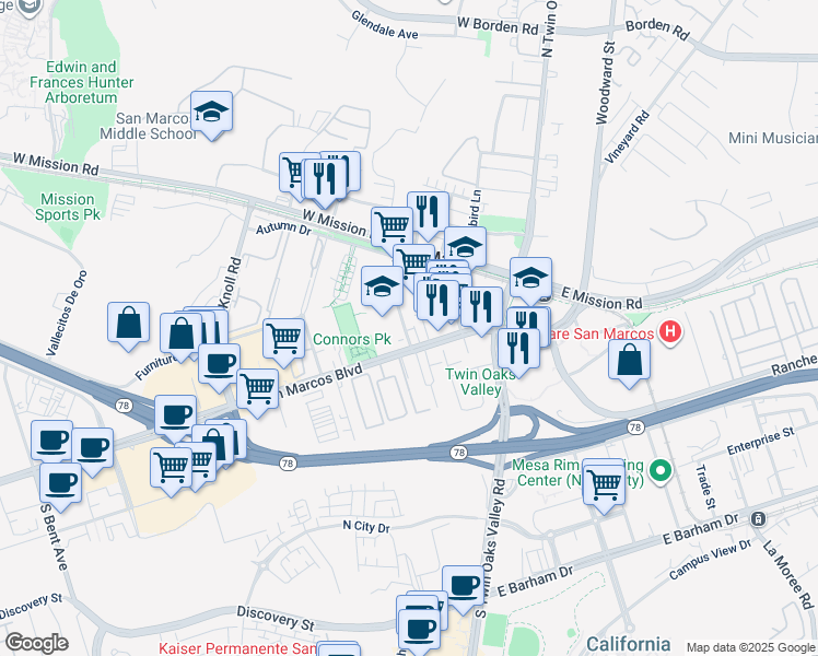 map of restaurants, bars, coffee shops, grocery stores, and more near 250 West San Marcos Boulevard in San Marcos