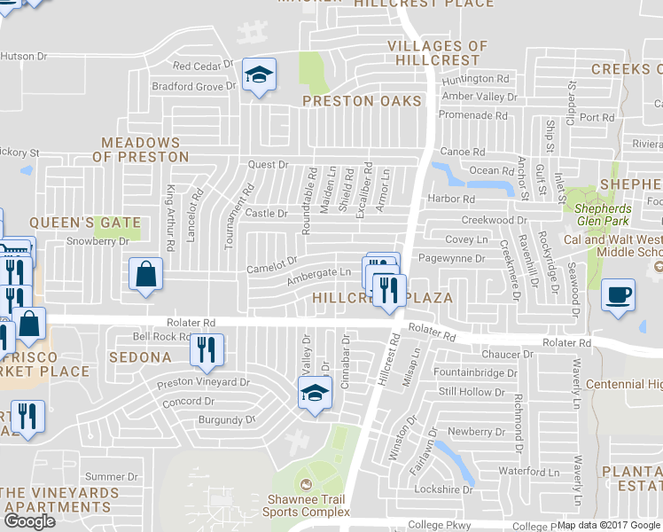 map of restaurants, bars, coffee shops, grocery stores, and more near 10612 Ambergate Lane in Frisco