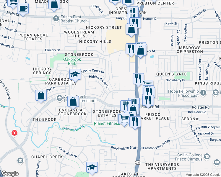 map of restaurants, bars, coffee shops, grocery stores, and more near 8640 Hidden Spring Dr in Frisco