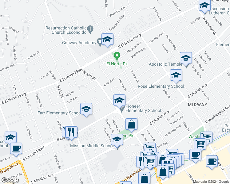 map of restaurants, bars, coffee shops, grocery stores, and more near 1254 Armstrong Circle in Escondido