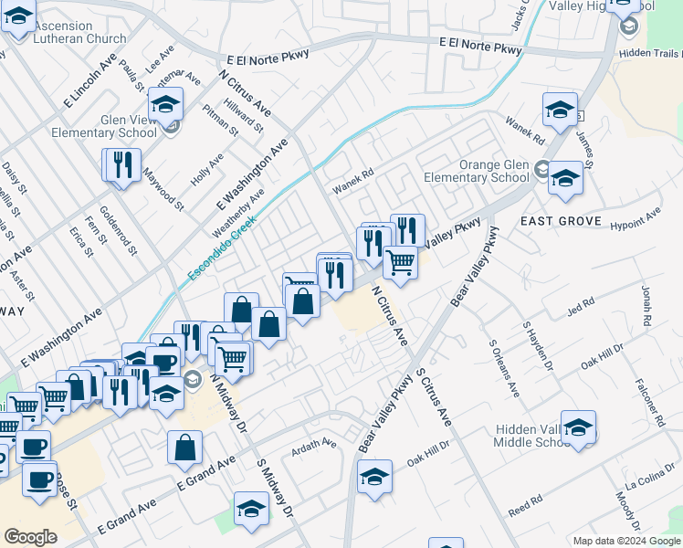 map of restaurants, bars, coffee shops, grocery stores, and more near 461 Whitby Glen in Escondido