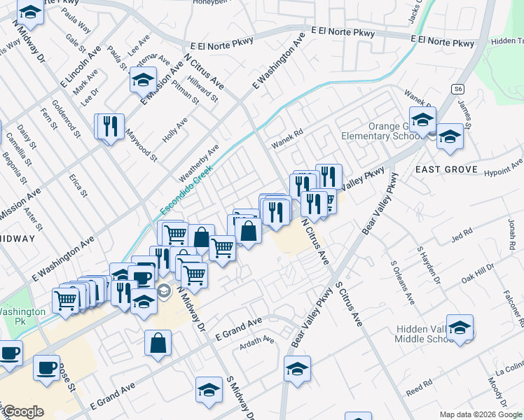 map of restaurants, bars, coffee shops, grocery stores, and more near 467 Swansea Glen in Escondido