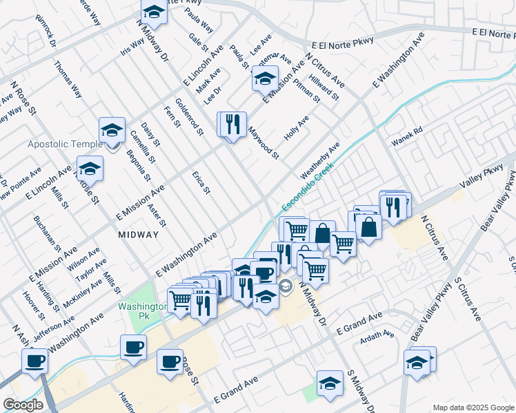 map of restaurants, bars, coffee shops, grocery stores, and more near 1993 East Washington Avenue in Escondido