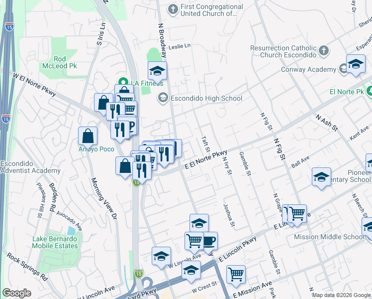 map of restaurants, bars, coffee shops, grocery stores, and more near 140 East El Norte Parkway in Escondido