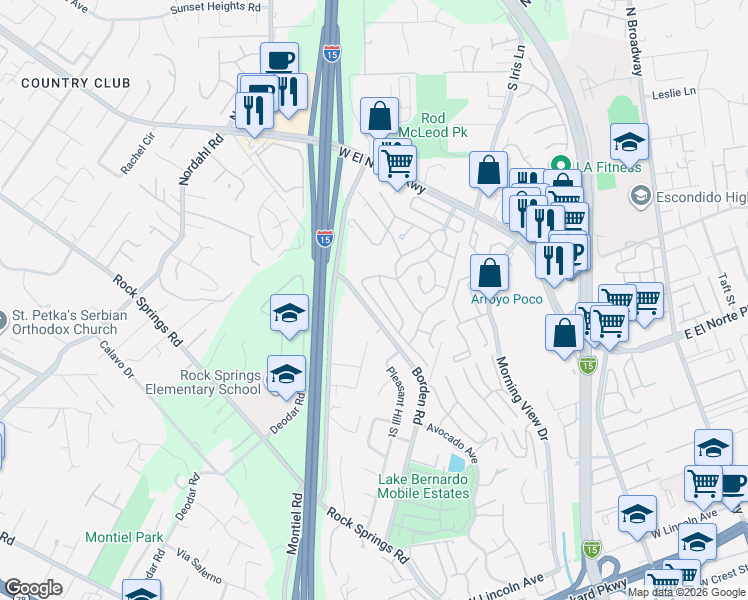 map of restaurants, bars, coffee shops, grocery stores, and more near 1455 Borden Road in Escondido