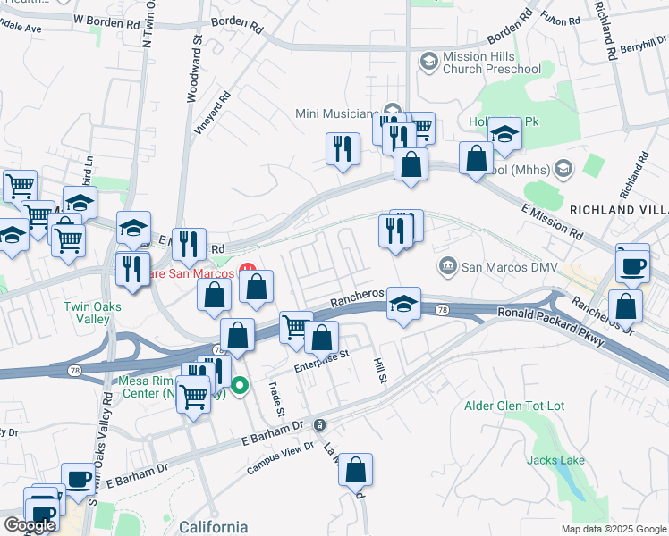 map of restaurants, bars, coffee shops, grocery stores, and more near 500 Rancheros Drive in San Marcos