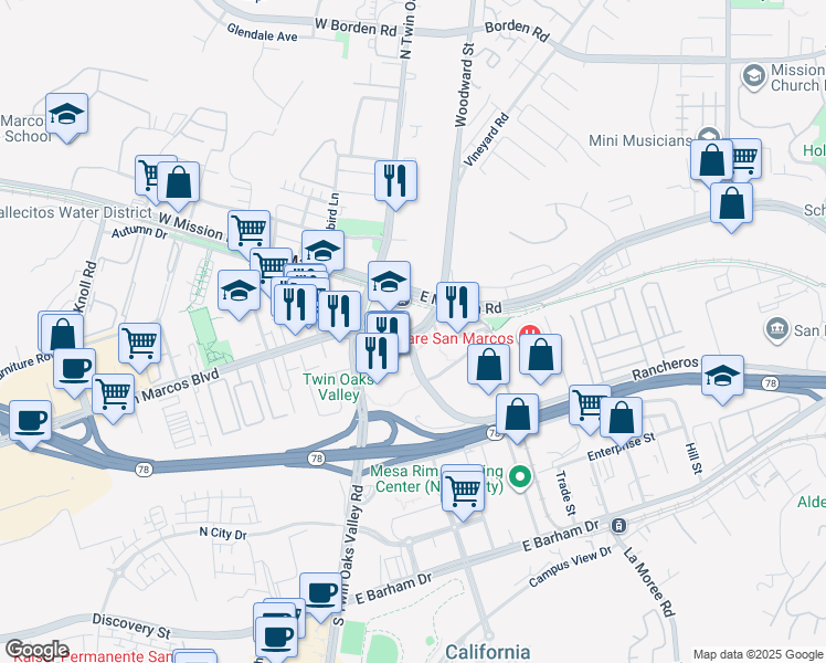map of restaurants, bars, coffee shops, grocery stores, and more near 1001 East San Marcos Boulevard in San Marcos
