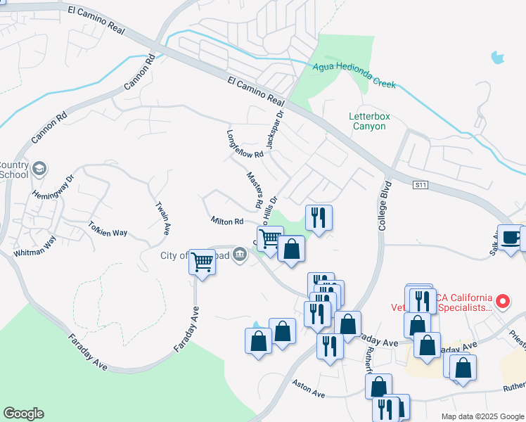 map of restaurants, bars, coffee shops, grocery stores, and more near 2273 Masters Rd in Carlsbad
