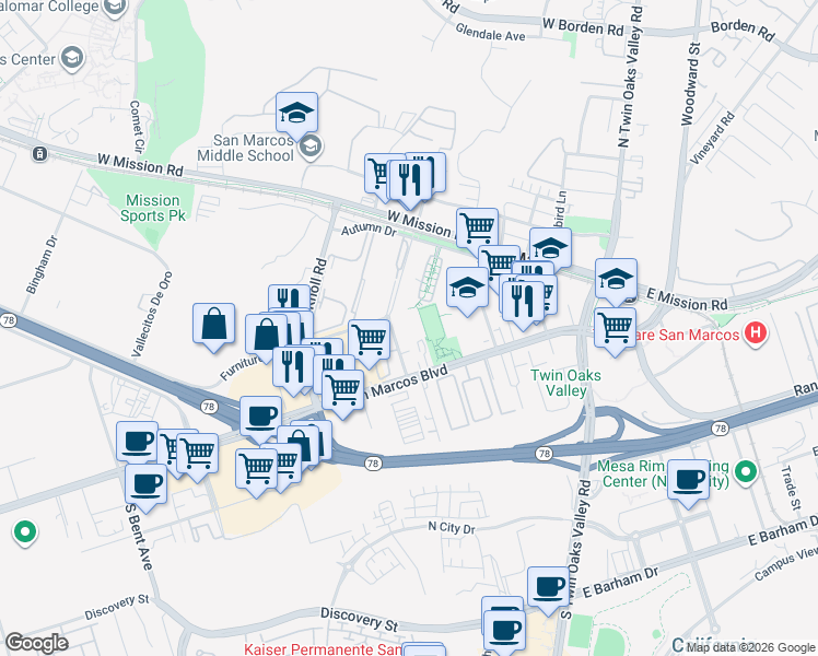 map of restaurants, bars, coffee shops, grocery stores, and more near 213 Westlake Drive in San Marcos