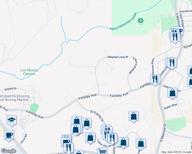 map of restaurants, bars, coffee shops, grocery stores, and more near Whiptail Loop West in Carlsbad