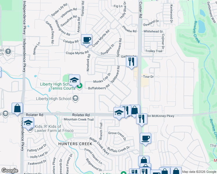 map of restaurants, bars, coffee shops, grocery stores, and more near 15814 Candletree Road in Frisco