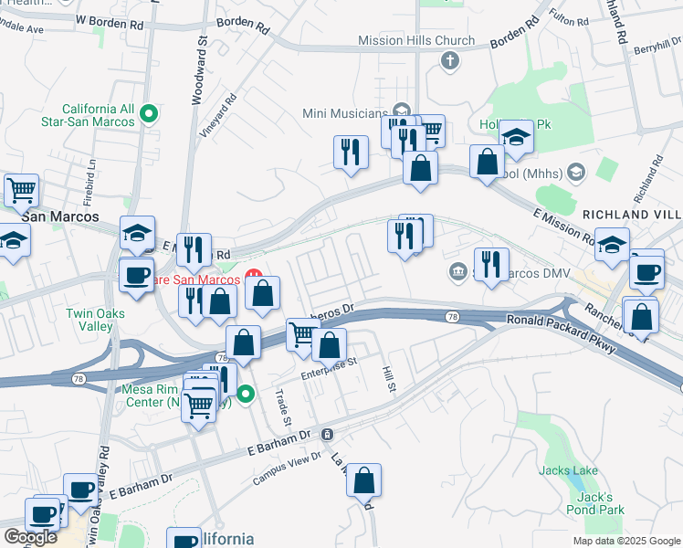 map of restaurants, bars, coffee shops, grocery stores, and more near 500 Rancheros Drive in San Marcos