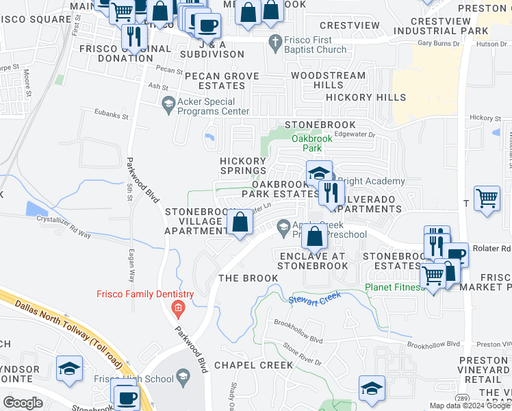 map of restaurants, bars, coffee shops, grocery stores, and more near 7616 Jennifer Lane in Frisco